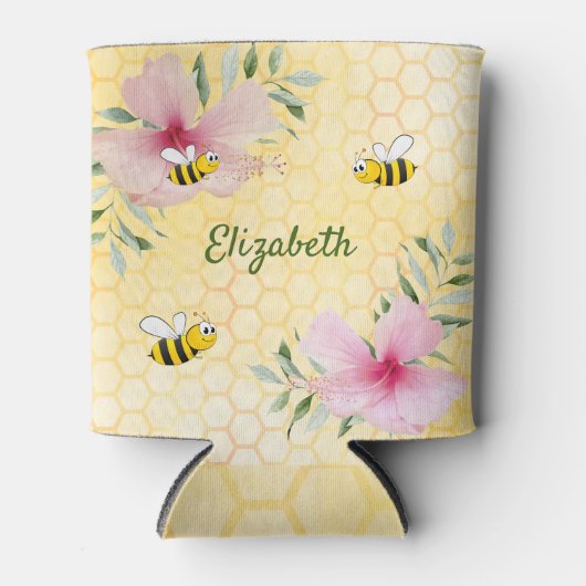 ミツバチのピンクの花の黄色の名前 缶クーラー (正面)
