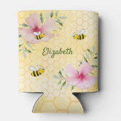 ミツバチのピンクの花の黄色の名前 缶クーラー (裏面)