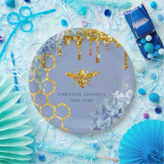 ミツバチのロゴと青あじさい ペーパープレート (パーティー)