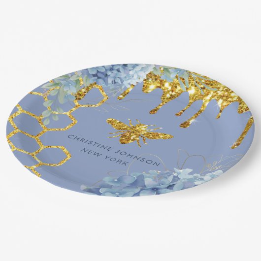 ミツバチのロゴと青あじさい ペーパープレート (アングル)