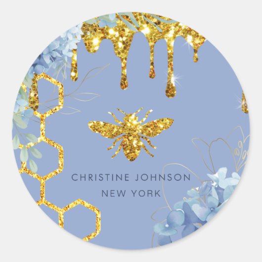 ミツバチのロゴと青あじさい ラウンドシール (正面)