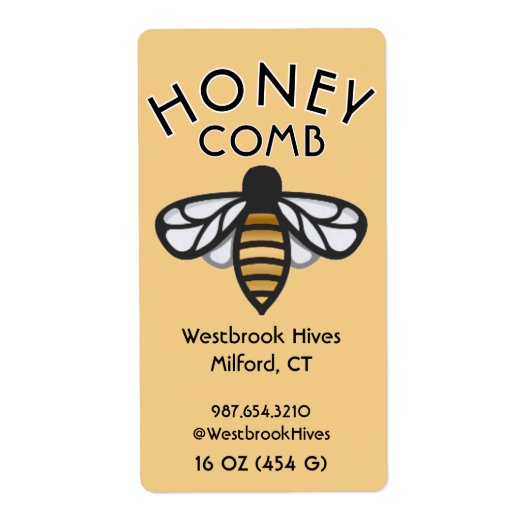ミツバチの巣とミツバチの黄色いHONEYCOMBラベル ラベル (正面)
