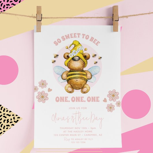 ミツバチの日 ミツバチ ピンクの花 1歳の誕生日 招待状