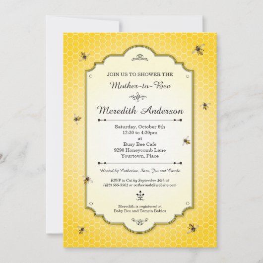 ミツバチの母とミツバチの赤ちゃんシャワー 招待状 (正面)