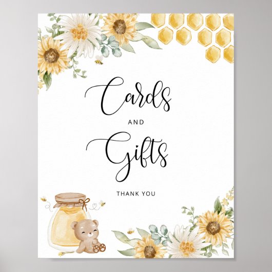 ミツバチはヒマワリのカードとギフトのサインを持つ ポスター (正面)