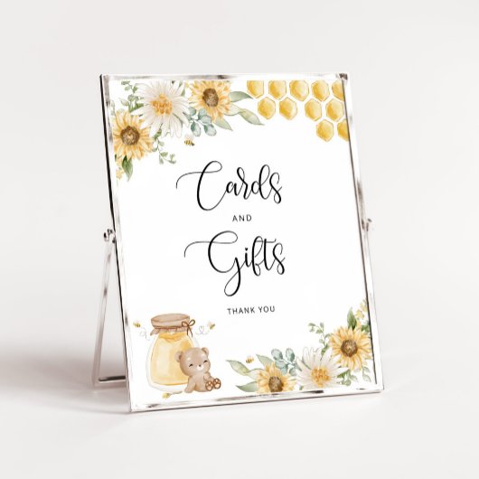 ミツバチはヒマワリのカードとギフトのサインを持つ ポスター