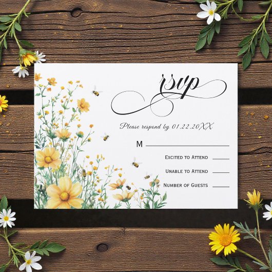 ミツバチをイメージしたラスティックイエローの結婚式RSVP 招待状