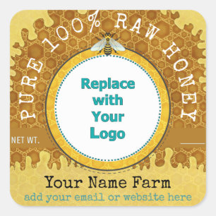 ミツバチハニーのジャー養蜂ロゴ 蜂の巣V2 スクエアシール