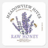 ミツバチ付き小さな瓶ラベンダー蜂蜜ラベル スクエアシール (正面)