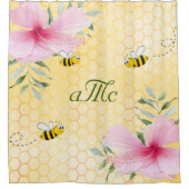 ミツバチ黄色ハニカムピンクフローラモノグラム シャワーカーテン (正面)