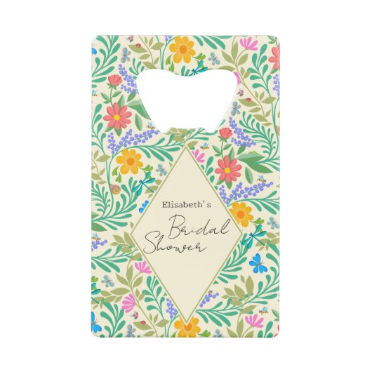 ミツバチ、てんとう虫、蝶、トンボ & 花 クレジットカード栓抜き (正面)