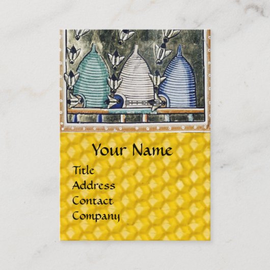 ミツバチ、ミツバチの巣箱、中世の養蜂家ミニチュア 名刺 (正面)