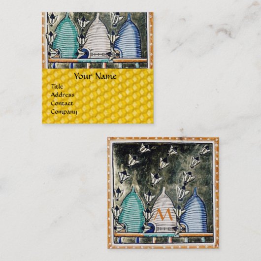 ミツバチ、ミツバチの巣箱、中世の養蜂家モノグラム スクエア名刺 (正面/裏面)