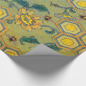 ミツバチ、ミツバチ、ミツバチの巣、春の花黄緑 ラッピングペーパー (角)