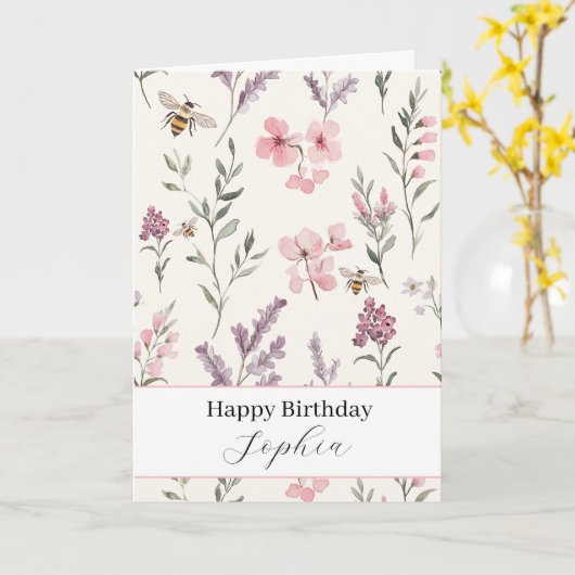 ミツバチ ラベンダー ピンクの花 誕生日 カード (黄色い花)