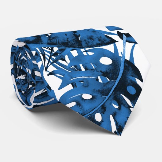 ミディアムデニムブルートロピカルパーム葉ズアイランドネック ネクタイ (ロール)