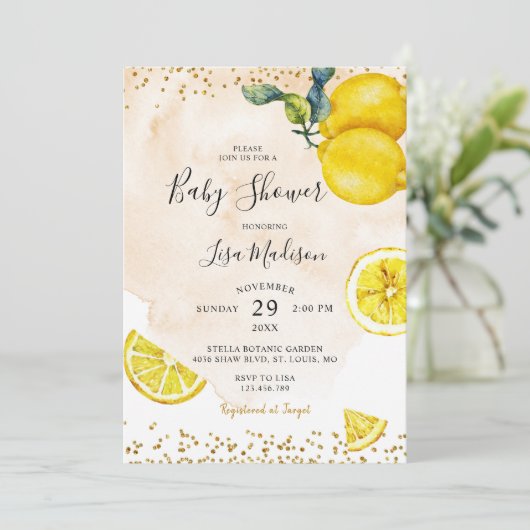 ミトラスレモン水彩をテーマにしたベビーシャワー 招待状 (スタンド正面)