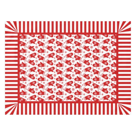 ミトンおよび雪片のレトロのクリスマスのスキー休日 テーブルクロス (正面(横))