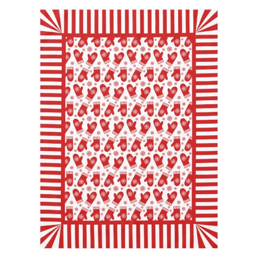 ミトンおよび雪片のレトロのクリスマスのスキー休日 テーブルクロス (正面)