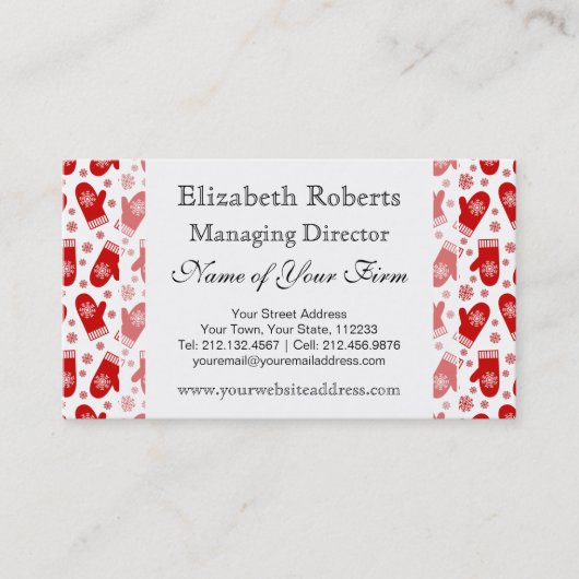 ミトンおよび雪片のレトロのクリスマスのスキー休日 名刺 (正面)