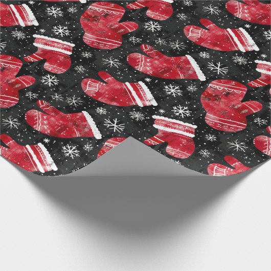ミトンのある黒と赤のクリスマスの背景 ラッピングペーパー (角)