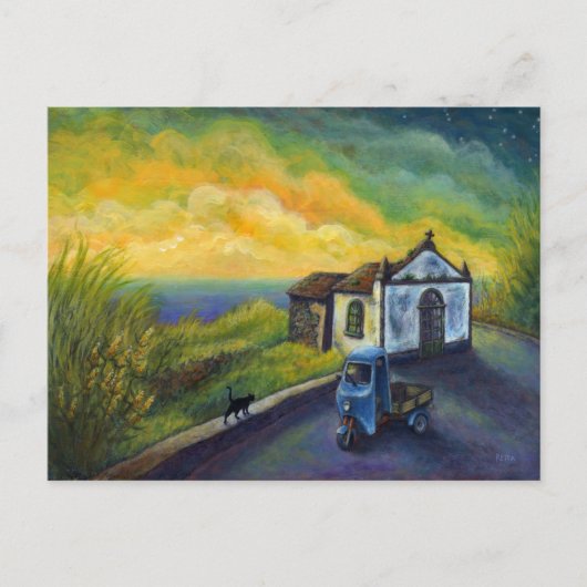 ミニアートキャットファンタジーイエロースカイフォーブ海スター ポストカード (正面)