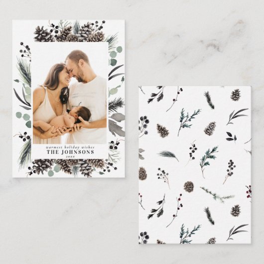 ミニウィンターパインベリークリスマスファミリーフォト ノートカード (正面/裏面)