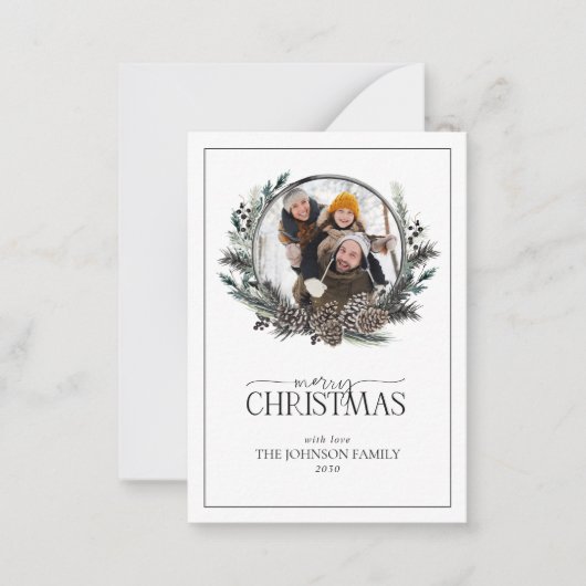 ミニウィンターファミリーフォトリースメリークリスマス ノートカード (正面)
