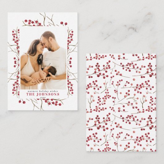 ミニウィンターレッドベリーウォーター色クリスマスフォト ノートカード (正面/裏面)