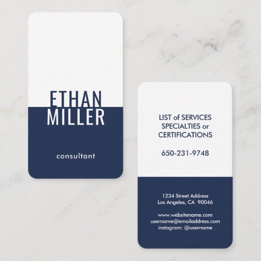 ミニエレガントマリモダンストネイビーブルーホワイトバーティカル 名刺 (正面/裏面)