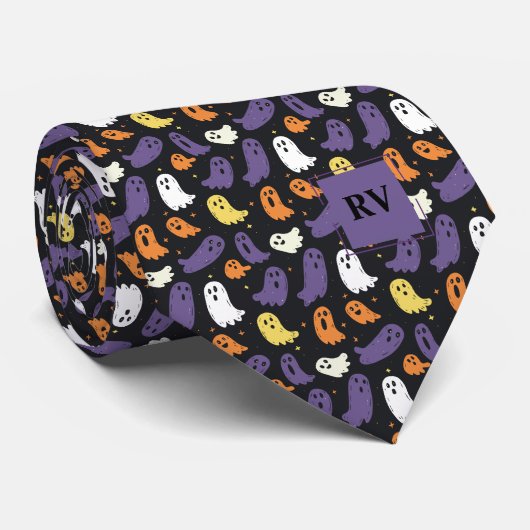 ミニカラフルハロウィン幽霊モノグラムの ネクタイ (ロール)