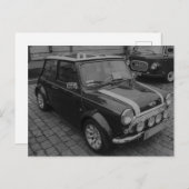 ミニクーパーヴィンテージカーの白黒はがき ポストカード (正面/裏面)