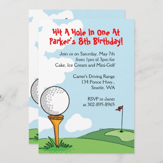 ミニゴルフをテーマにしたバースデーパーティ招待状 招待状 (正面/裏面)