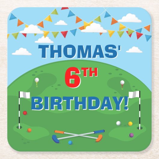 ミニゴルフパットパットボーイズバースデーパーティー スクエアペーパーコースター (正面)