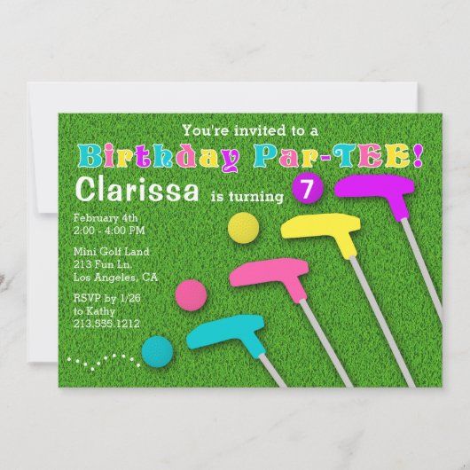 ミニゴルフパルティーパットパットガール誕生日 招待状 (正面)