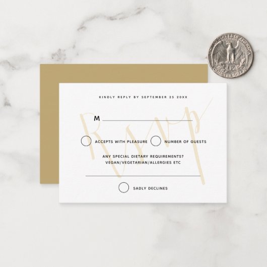 ミニサイズスクリプトエレガント文字オーバーレイ金ゴールドRSVP ノートカード (正面/裏面インサイチュ)