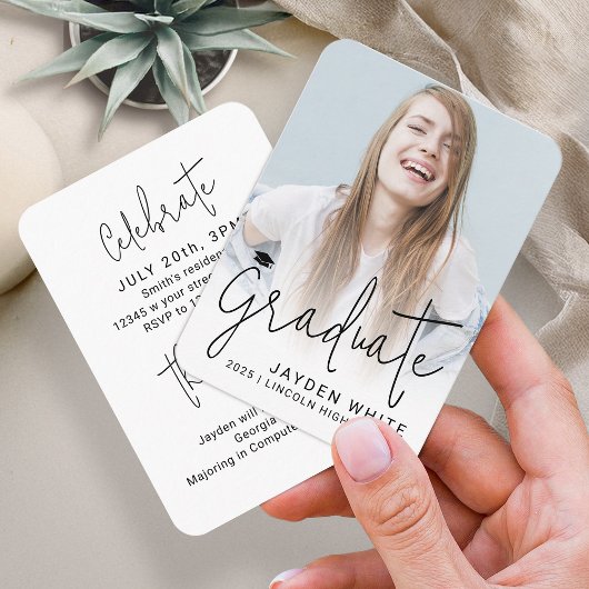 ミニサイズスモダンクリプト写真卒業招待状 エンクロージャーカード
