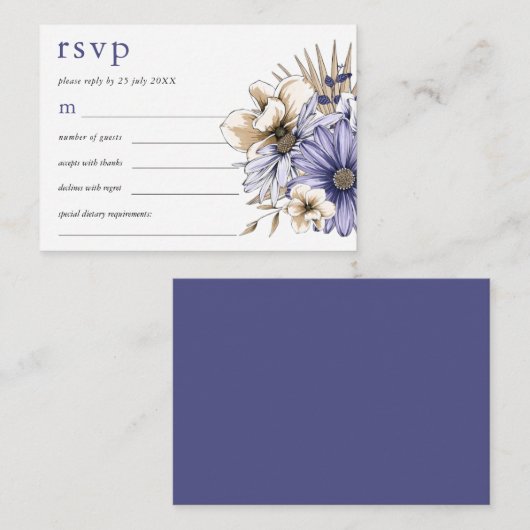 ミニサイズパープルクリーム花模様ウェディングRSVP ノートカード (正面/裏面)