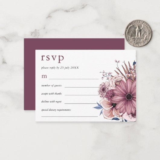 ミニサイズパープルベリー花模様ウェディングRSVP ノートカード (正面/裏面インサイチュ)