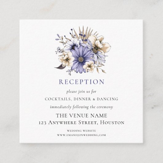 ミニサイズパープル花模様ウェディングレセプション詳細 エンクロージャーカード (正面)