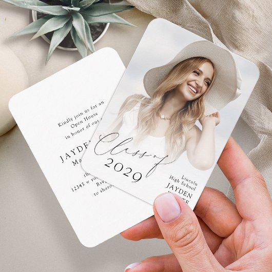 ミニシックモダンスクリプトフォト卒業招待状 エンクロージャーカード