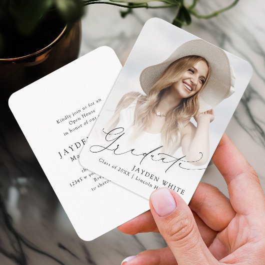 ミニシックモダンスクリプトフォト卒業招待状 エンクロージャーカード