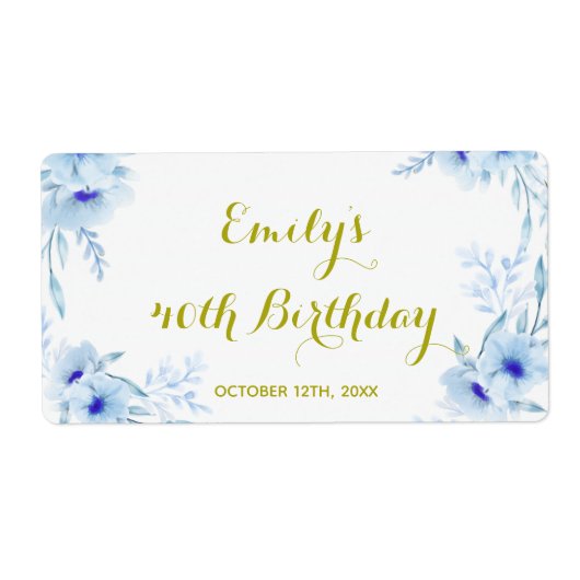 ミニシャンパンボトルラベルフローラブルー金ゴールド ラベル (正面)