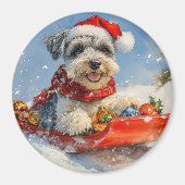 ミニシュナウザーが乗ったそりだよ 雪降ってるクリスマス マグネット (正面)