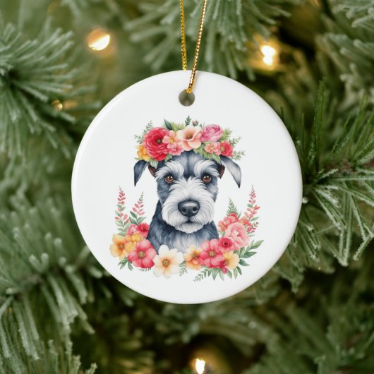 ミニシュナウザーピンク花クラウンレッドイエローホワイト メタルオーナメント (ツリー)