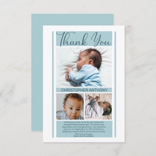 ミニシンプルマリストブルーベビーシャワーボーイありがとう サンキューカード (正面/裏面)