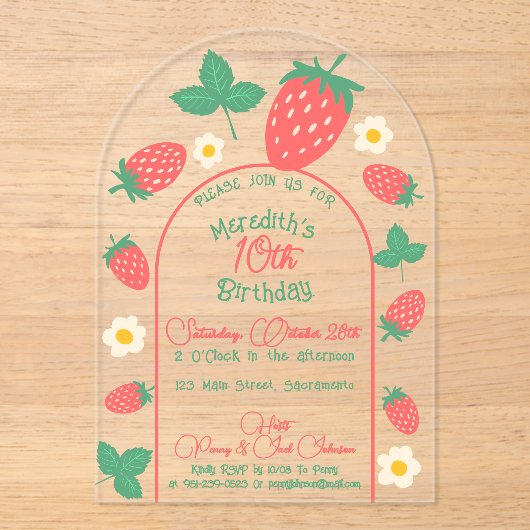 ミニストロベリーブロッサム子供の誕生日招待状 アクリル招待状 (正面)