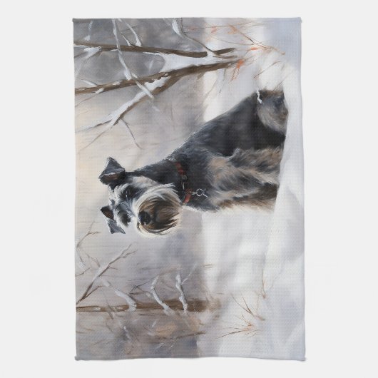 ミニチュアのシュナウザーで雪のクリスマスを過ごす キッチンタオル (縦)