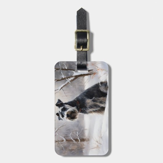 ミニチュアのシュナウザーで雪のクリスマスを過ごす ラゲッジタグ (正面縦)