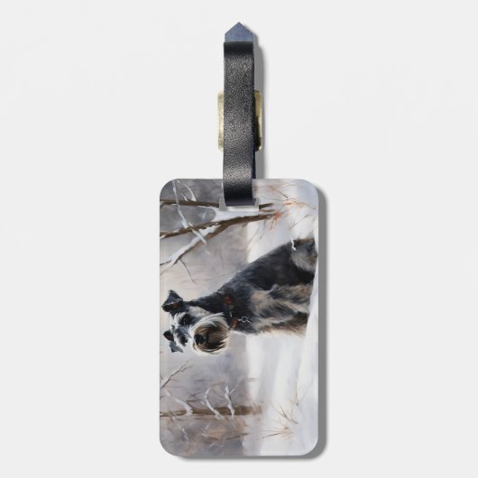 ミニチュアのシュナウザーで雪のクリスマスを過ごす ラゲッジタグ (裏面縦)